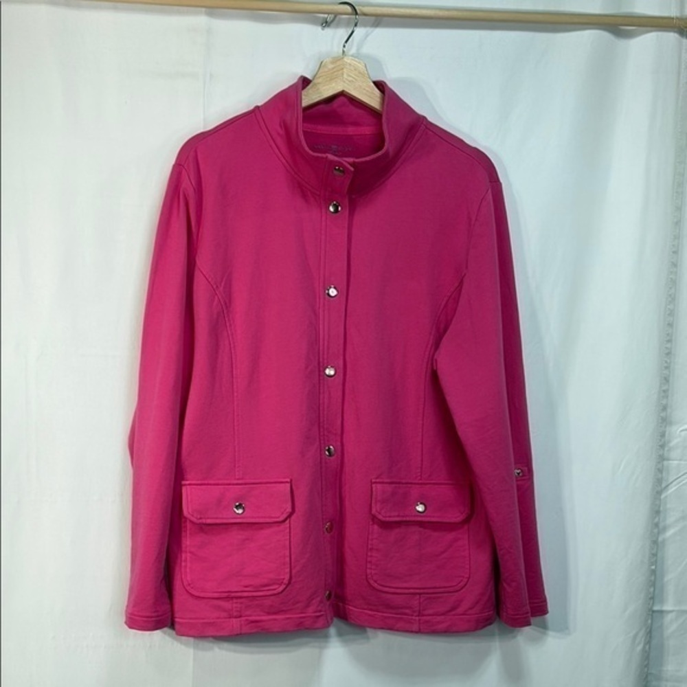 ☑️  Karen Scott bright Pink knit Jacket with Stand-Up Collar